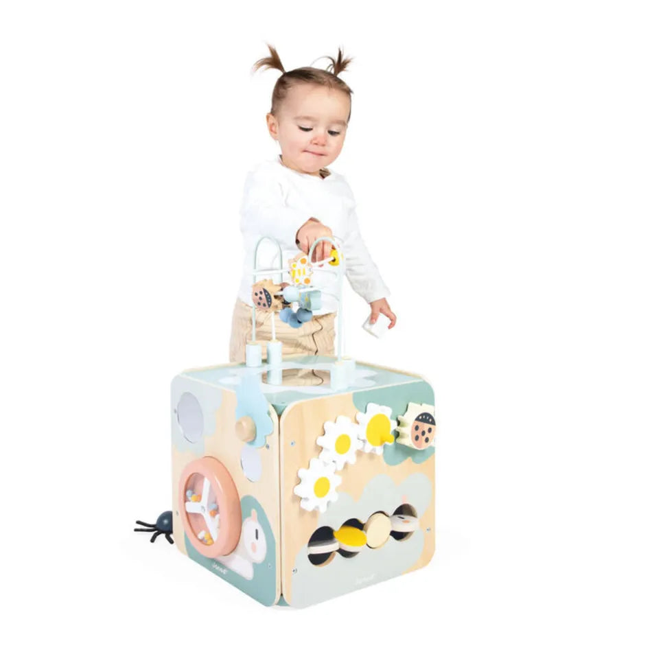 Janod Maxi Cube Multi-Activities wooden activity cube with beads and gears for toddlers