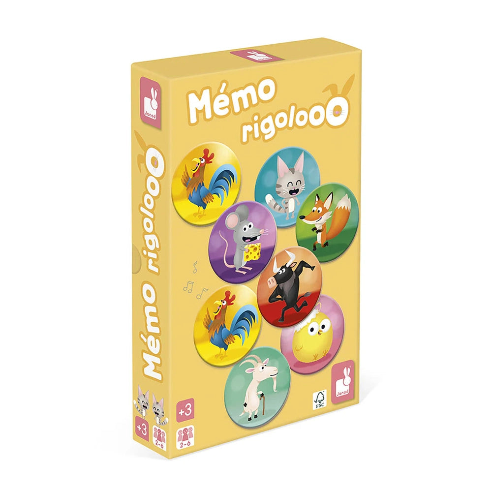 Janod Memo Rigolooo memory game box featuring colorful circular character tiles for kids 3+, JANOD brand.