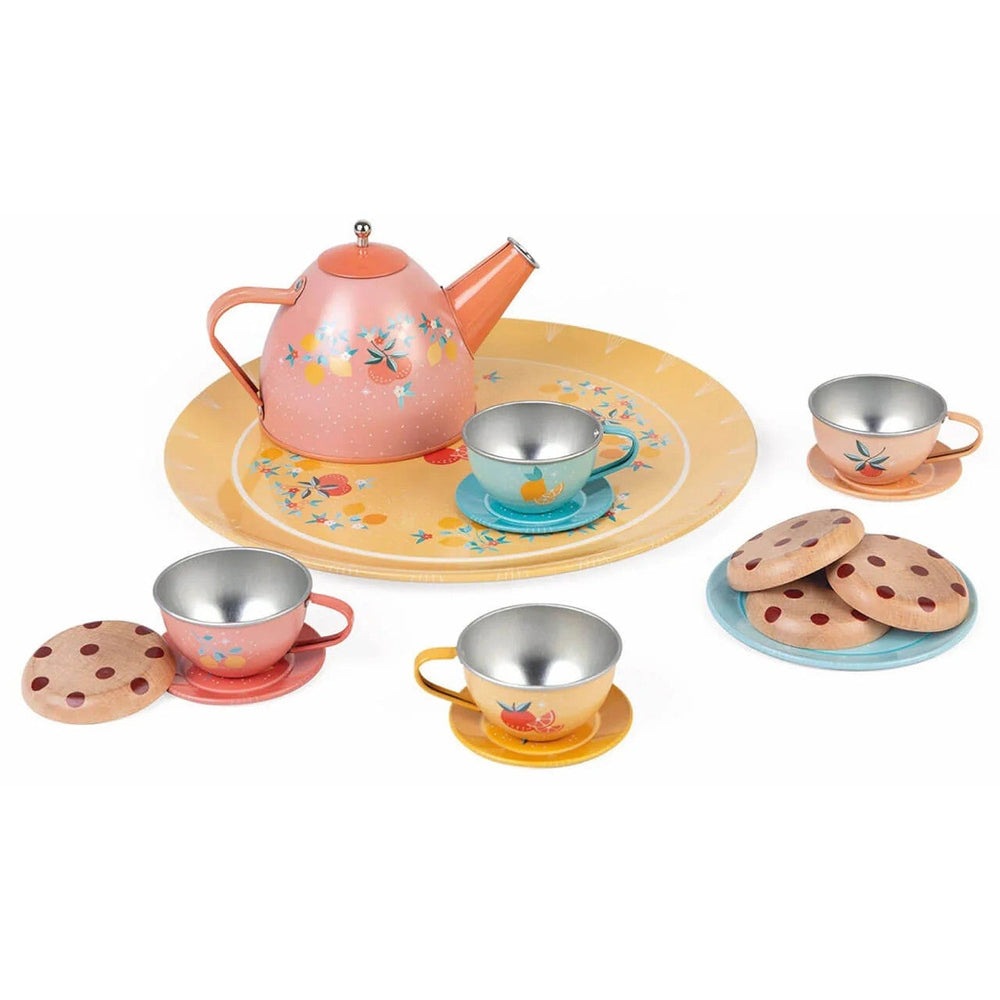 Janod metal tea set including pink teapot, four pastel cups with saucers and cookie plates on a yellow tray