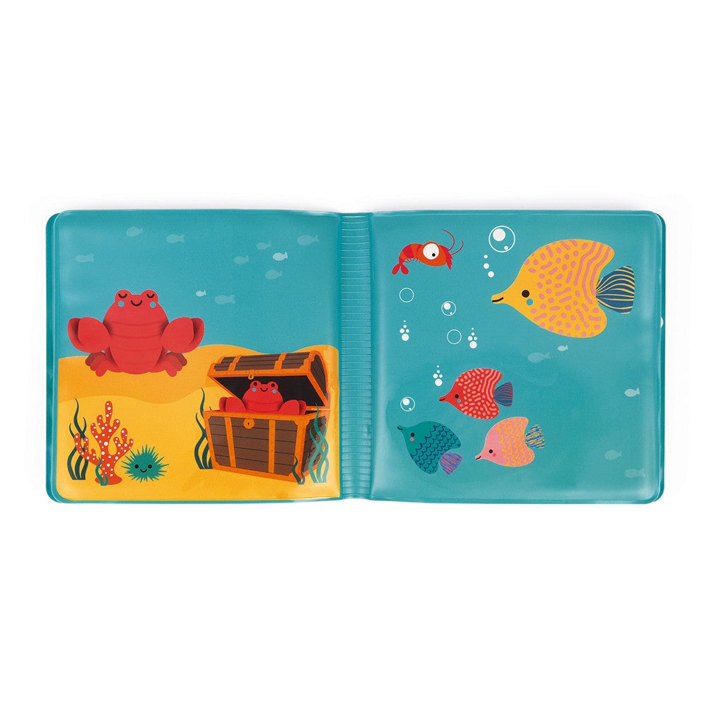 Janod My Magic Bath Book baby bath toy, turquoise book featuring crabs, treasure chest and colorful fish JANOD
