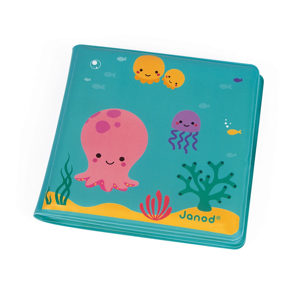 Janod My Magic Bath Book bath toy in turquoise featuring pink octopus, jellyfish, and coral