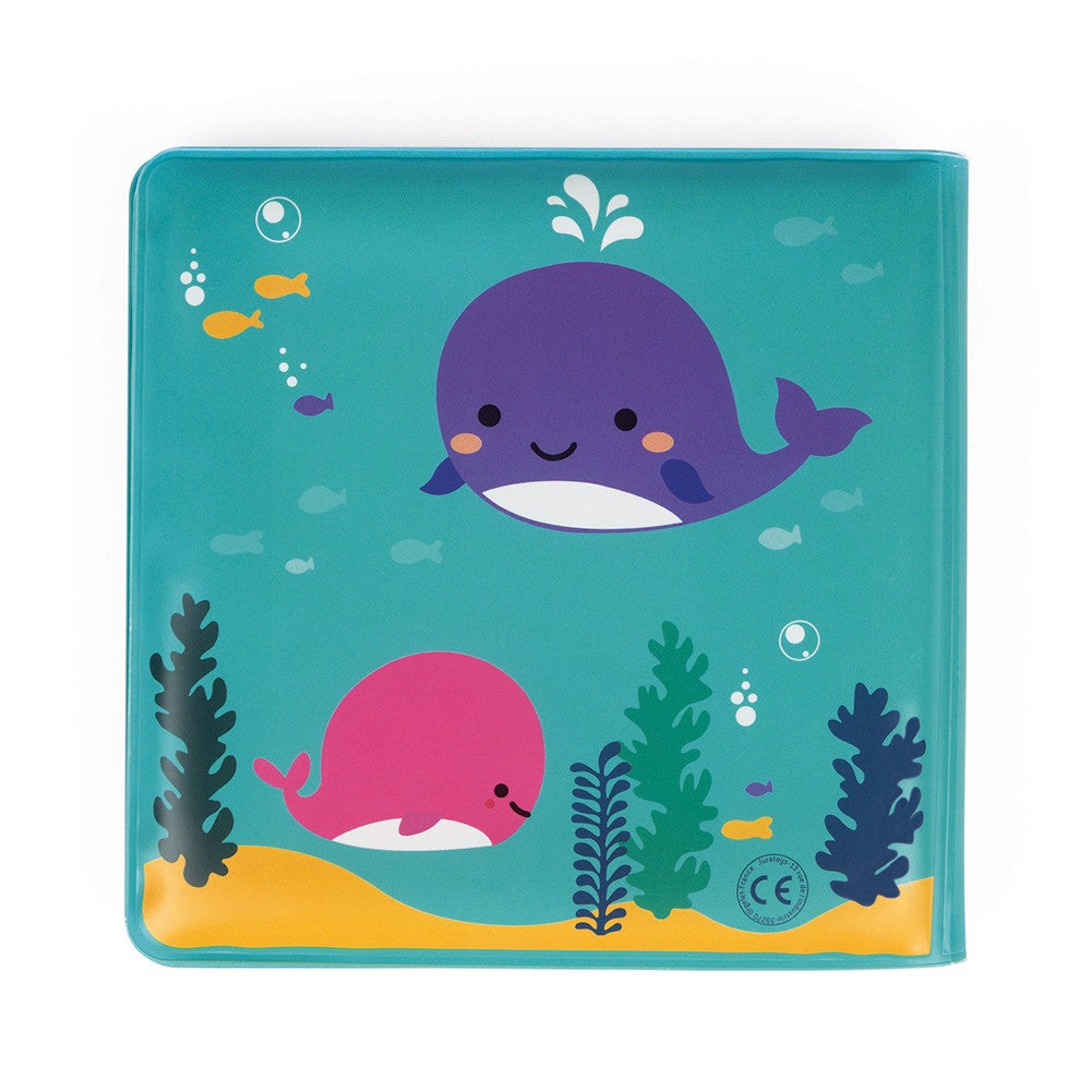 Janod My Magic Bath Book; teal underwater scene with two smiling whales (purple and pink) for babies