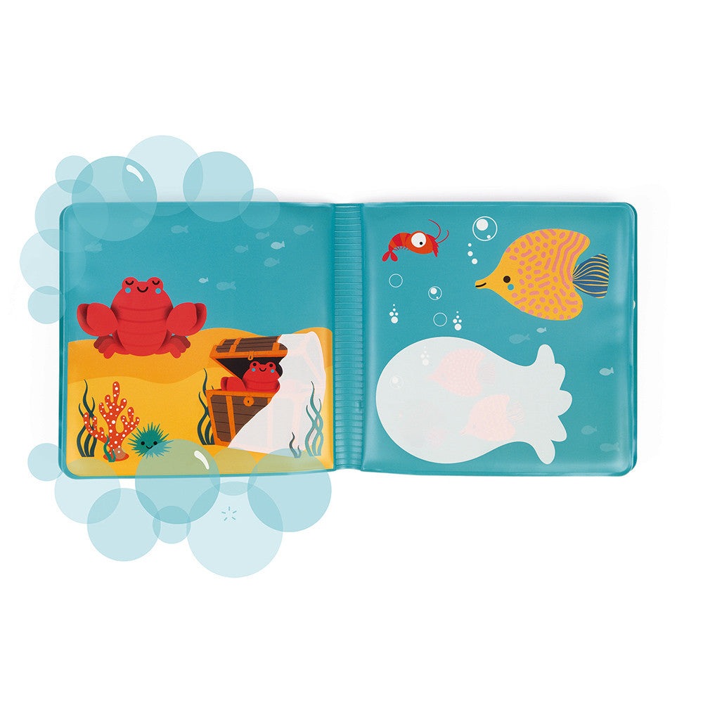 JANOD My Magic Bath Book; blue bath toy open to colorful underwater scenes with crab, fish and treasure chest