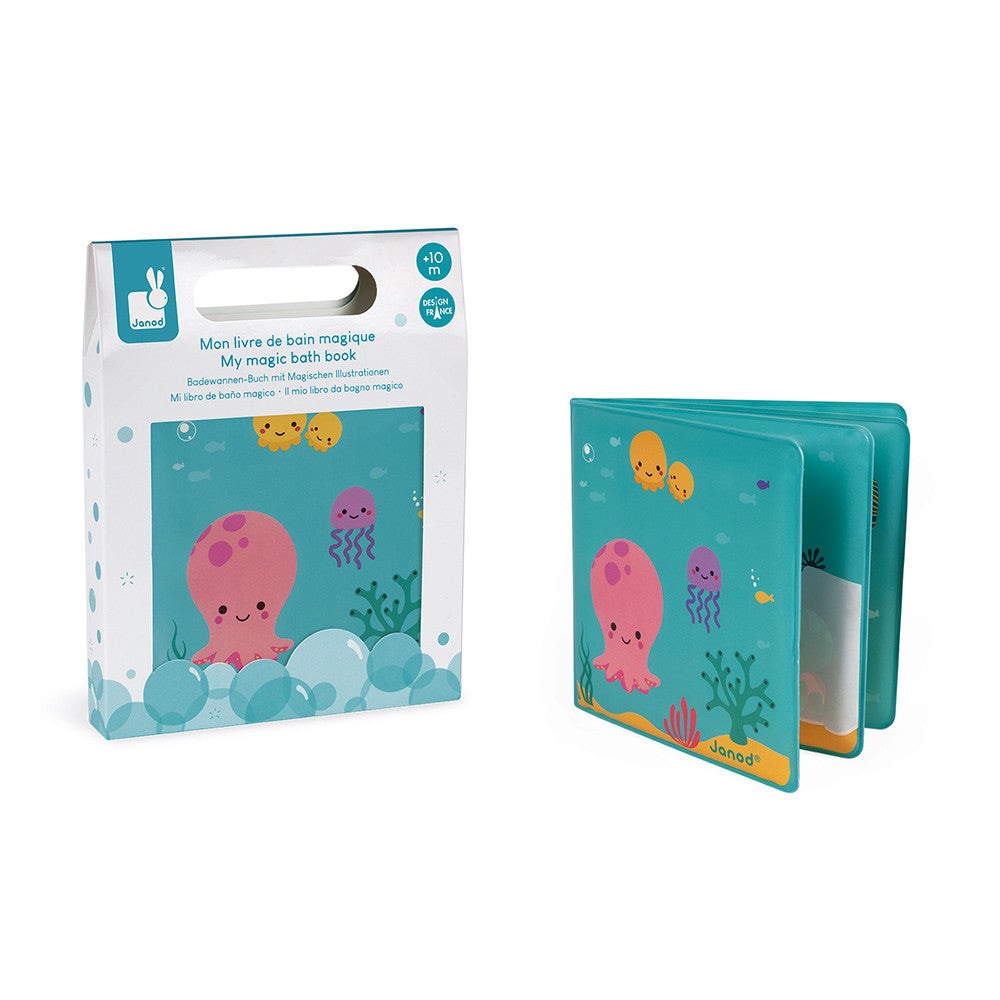 Janod My Magic Bath Book set: two teal bath books with smiling sea creatures and underwater scenes