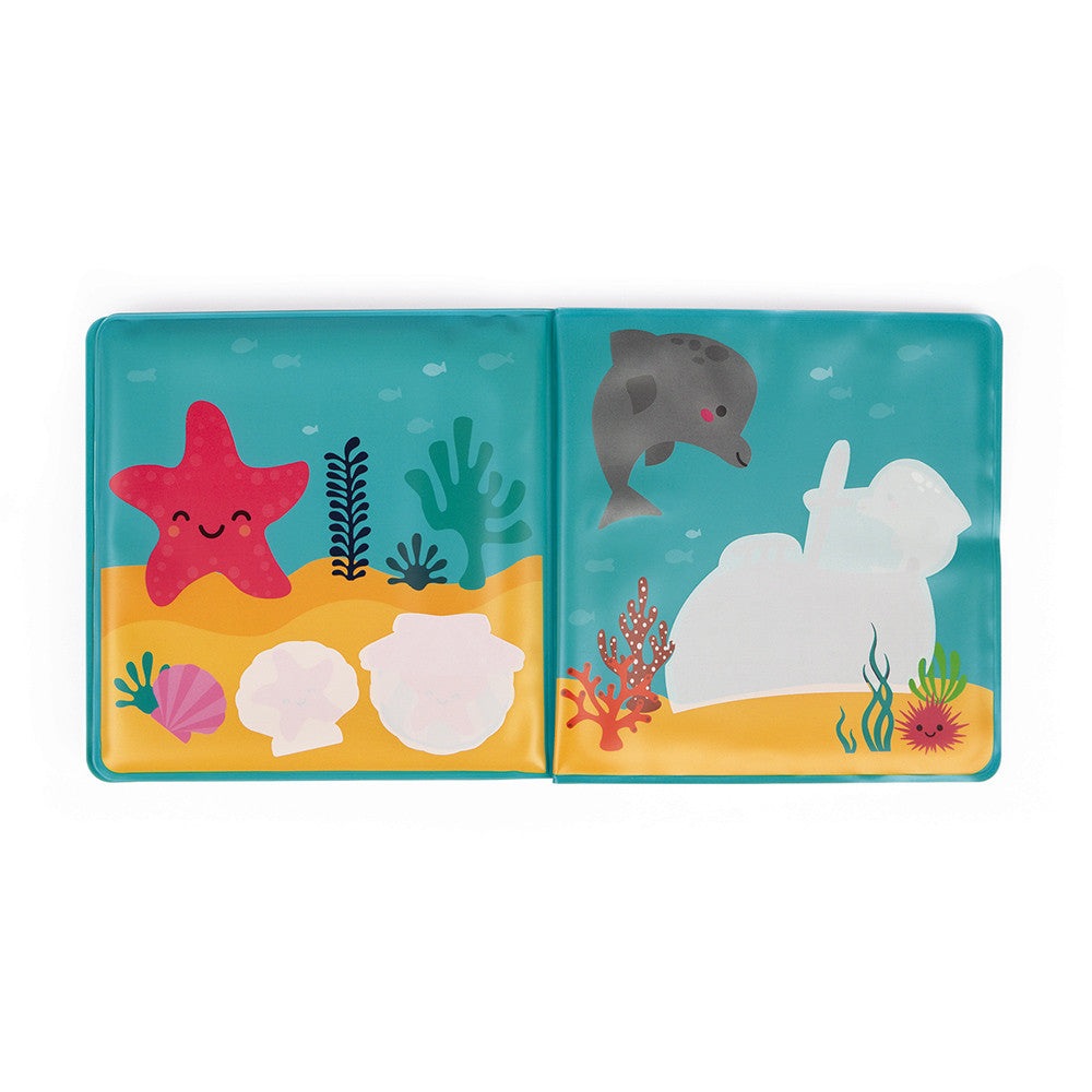JANOD My Magic Bath Book open spread with colorful underwater scene-starfish, coral and a dolphin