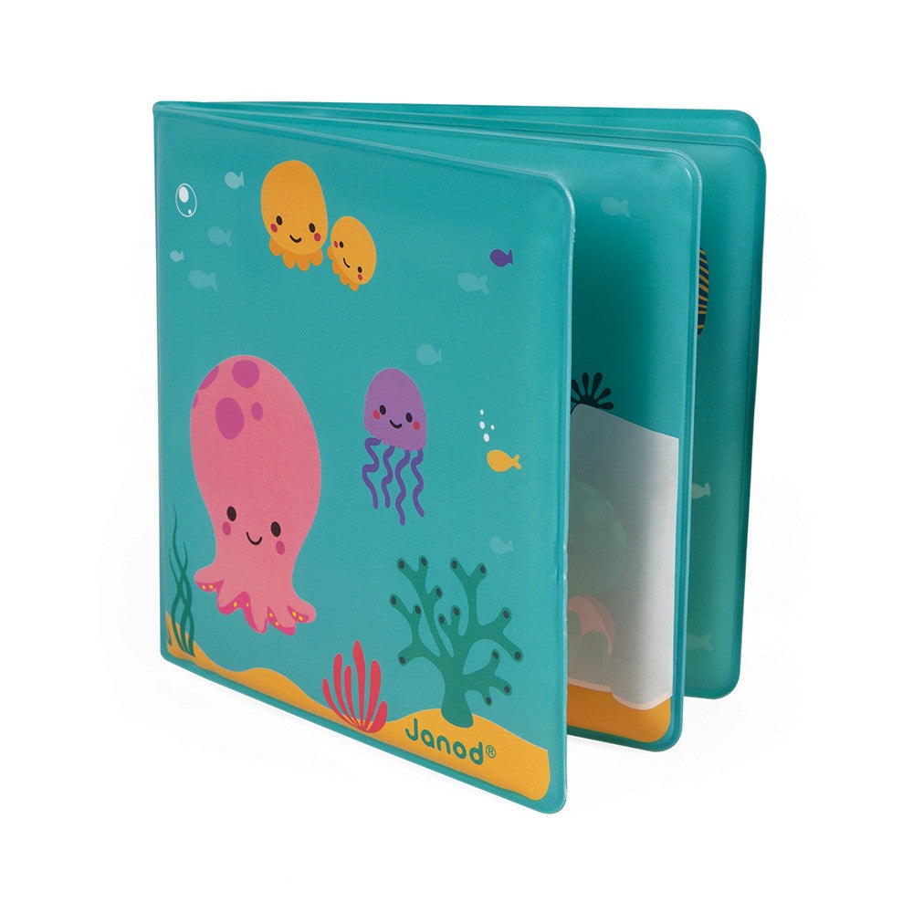 Janod My Magic Bath Book; teal waterproof bath toy featuring a smiling octopus, jellyfish and coral