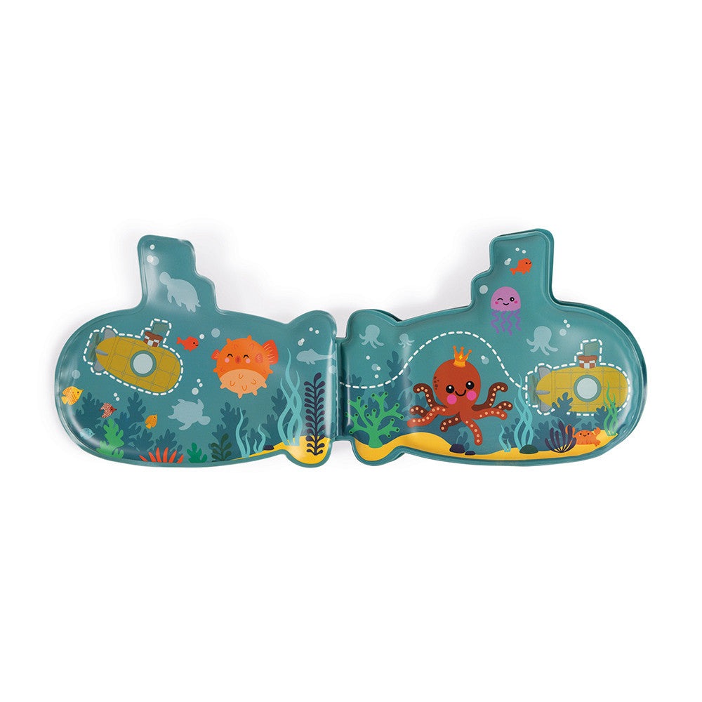 Janod My Submarine Bath Book; teal plastic bath toy with underwater scene and sea creatures.