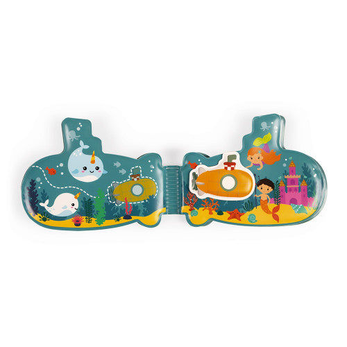 JANOD My Submarine Bath Book, turquoise underwater bath toy with submarine and colorful sea life.