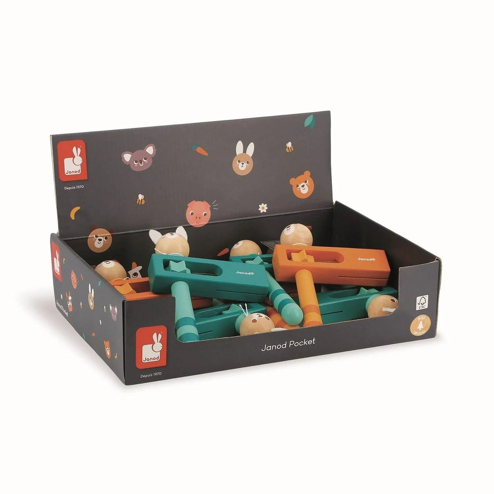 Janod Pocket Bear and Rabbit noisemakers set; six wooden teal and orange handheld toys by JANOD