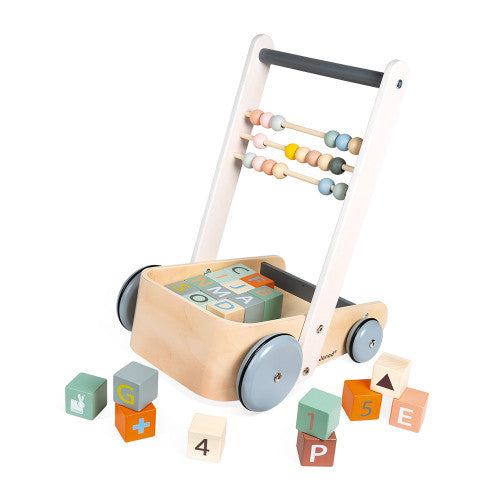 Janod wooden push cart with ABC blocks, pastel bead abacus, and four wheels