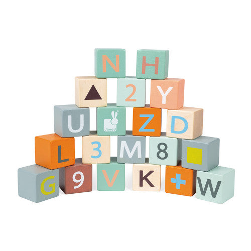 Janod Push Cart with ABC Blocks, pastel wooden educational toy for toddlers