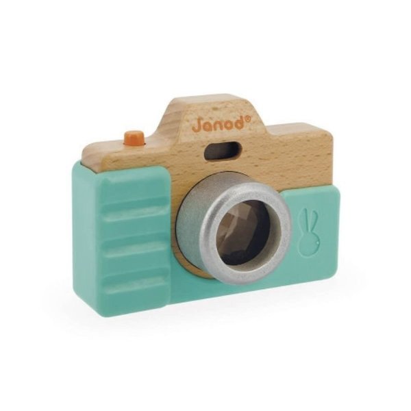 Janod Sound Camera New Aqua wooden toy with metal lens and teal body