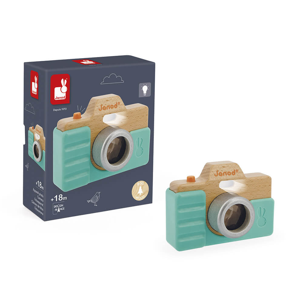 Janod Sound Camera New Aqua toy; wooden body with teal sides and metal lens
