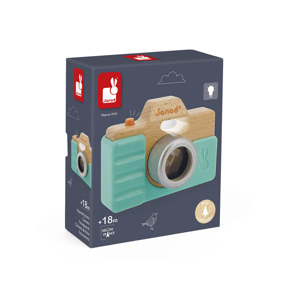 Janod Sound Camera New Aqua wooden toy for kids with aqua body and natural wood accents