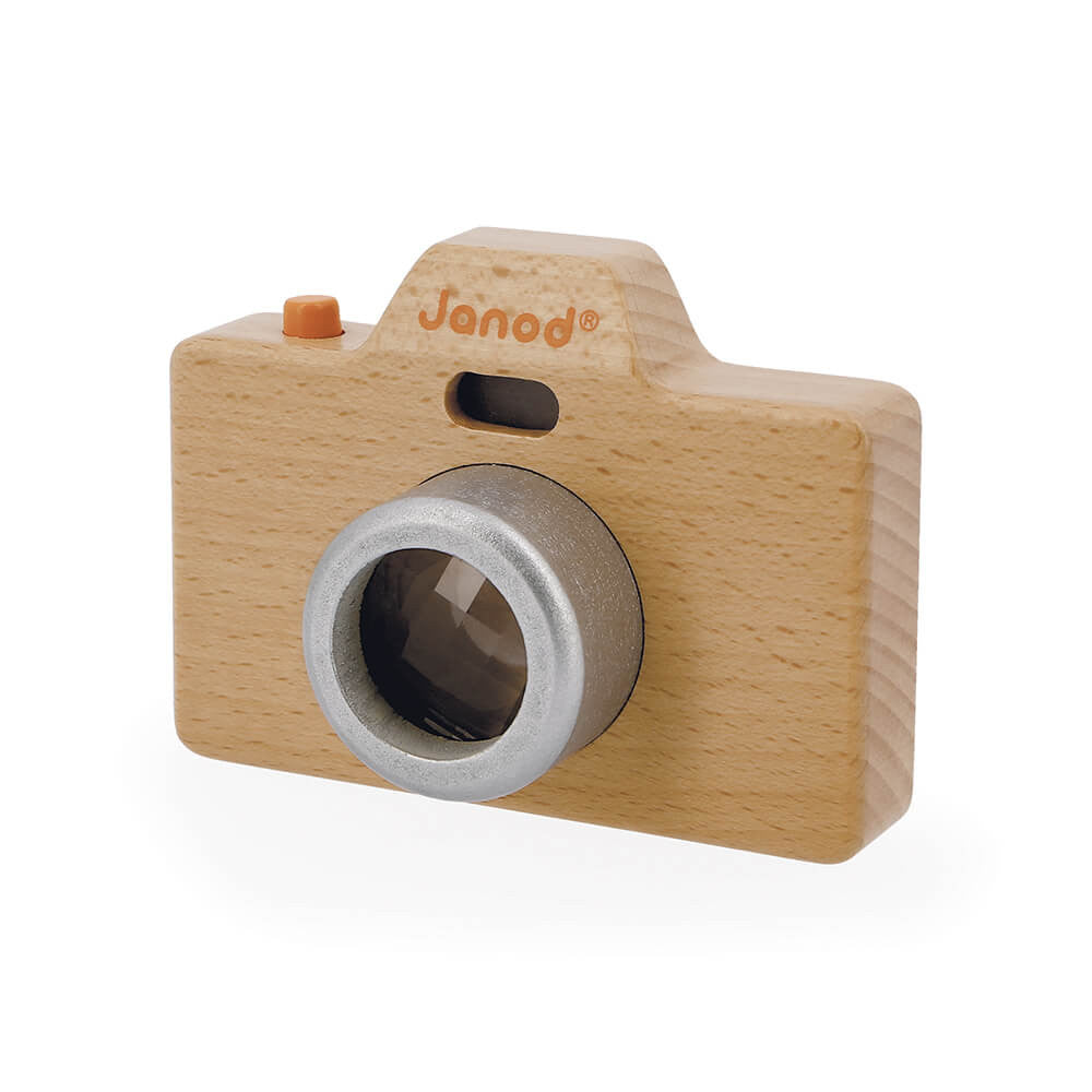 Janod Sound Camera New Aqua wooden toy with metal lens and orange shutter button