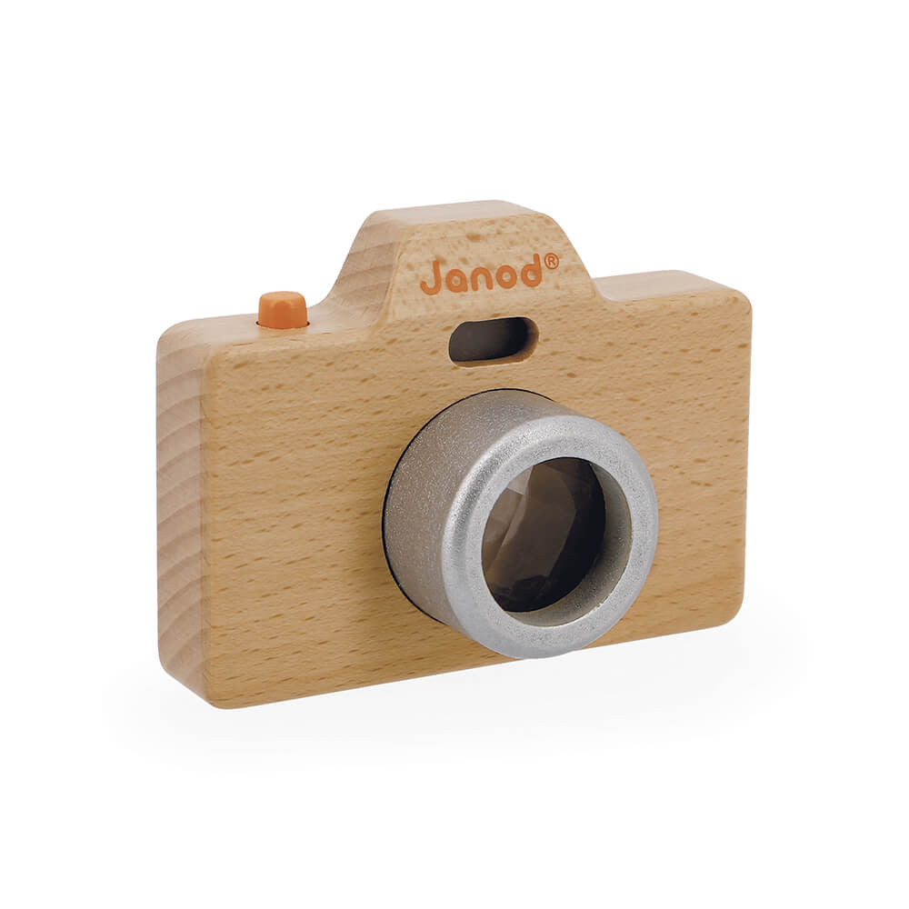 Janod Sound Camera New Aqua wooden toy with silver lens and orange button