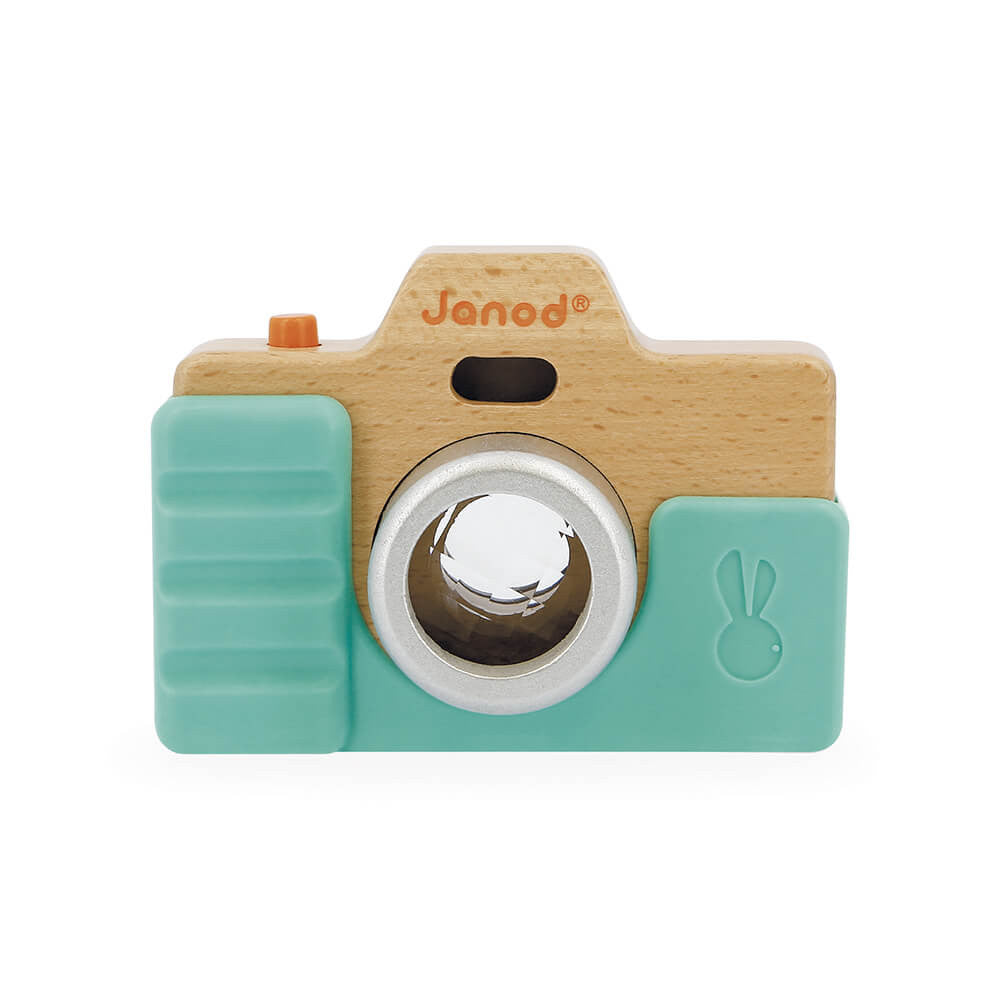 Janod Sound Camera New Aqua toy with wooden body and teal accents