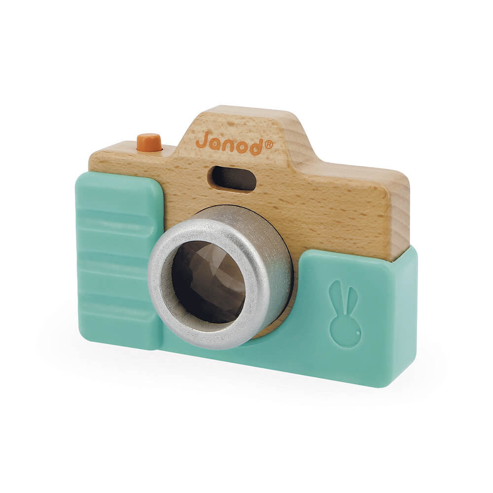 Janod Sound Camera New Aqua wooden toy camera with mint green panels and metal lens