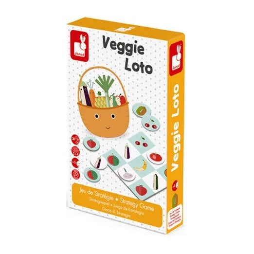 JANOD Veggie Lotto strategy game box for toddlers with colorful vegetable tiles and basket motif