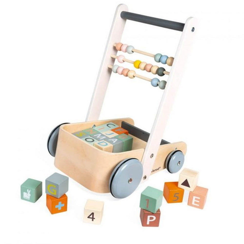 Janod Sweet Cocoon Cart with ABC blocks and bead abacus on a light wooden wheeled cart