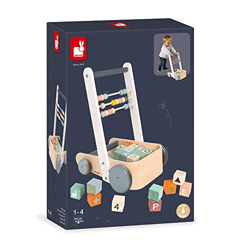 JANOD Sweet Cocoon Cart with ABC Blocks, wooden toddler learning cart on wheels with colorful alphabet blocks