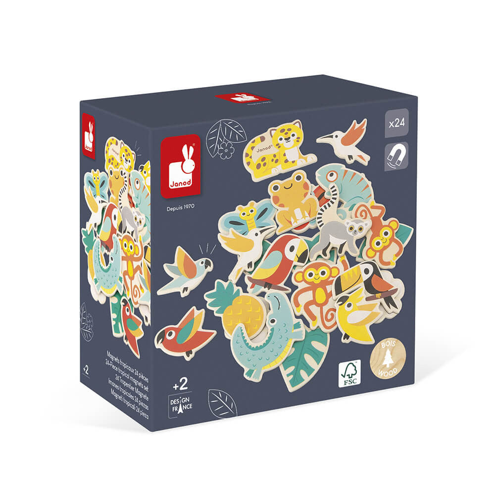 Janod Tropik 24-piece tropical magnets set; colorful animal magnets for toddlers