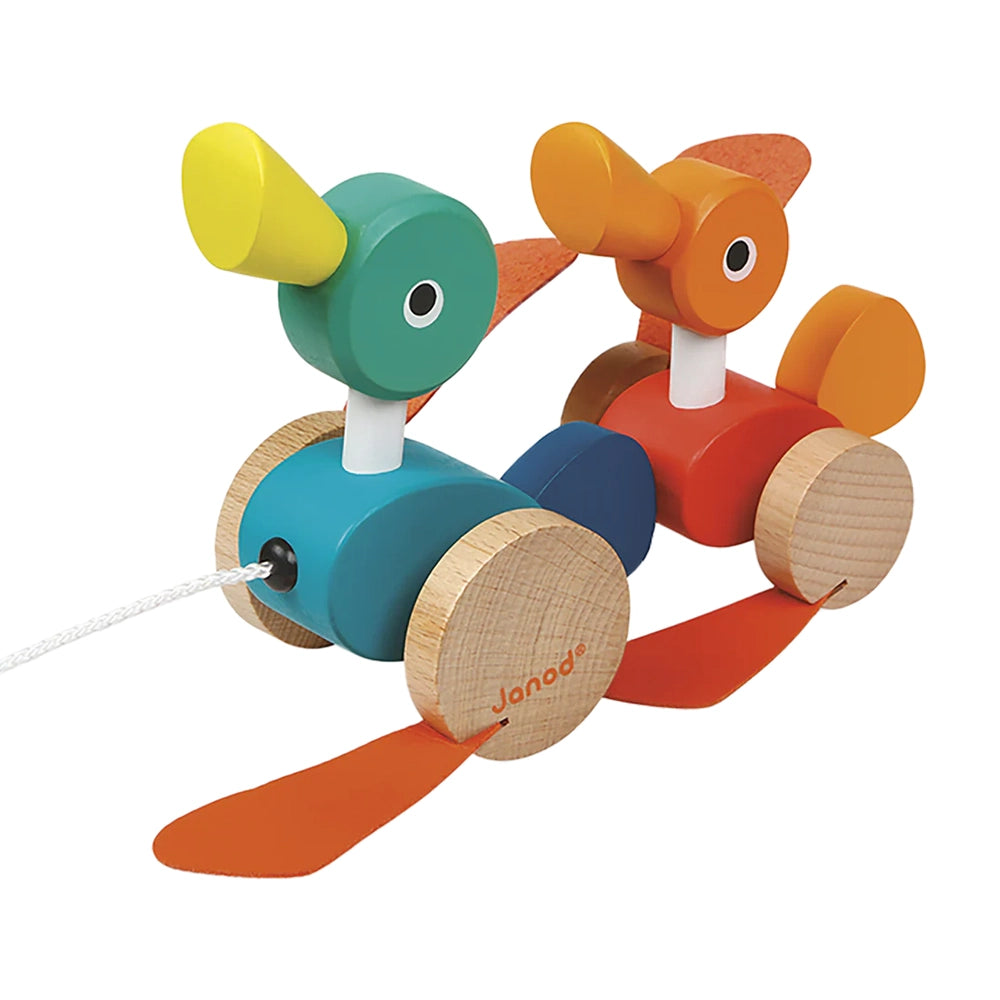 JANOD Zigolos Pull Along Ducks toy in teal/orange with wooden wheels and string, two ducks.