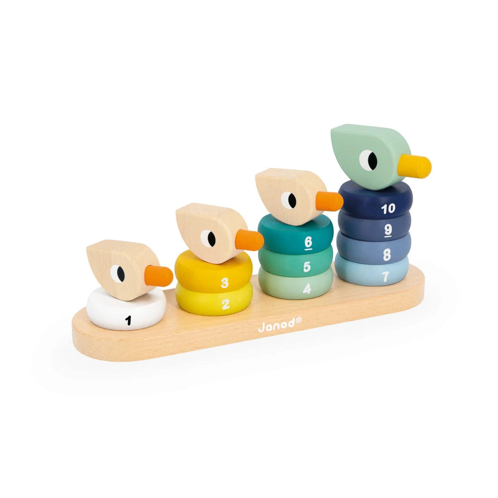 JANOD Janod Zigolos Stacking Ducks numbered rings 1-10 on four posts with large-eyed duck heads img 4/4