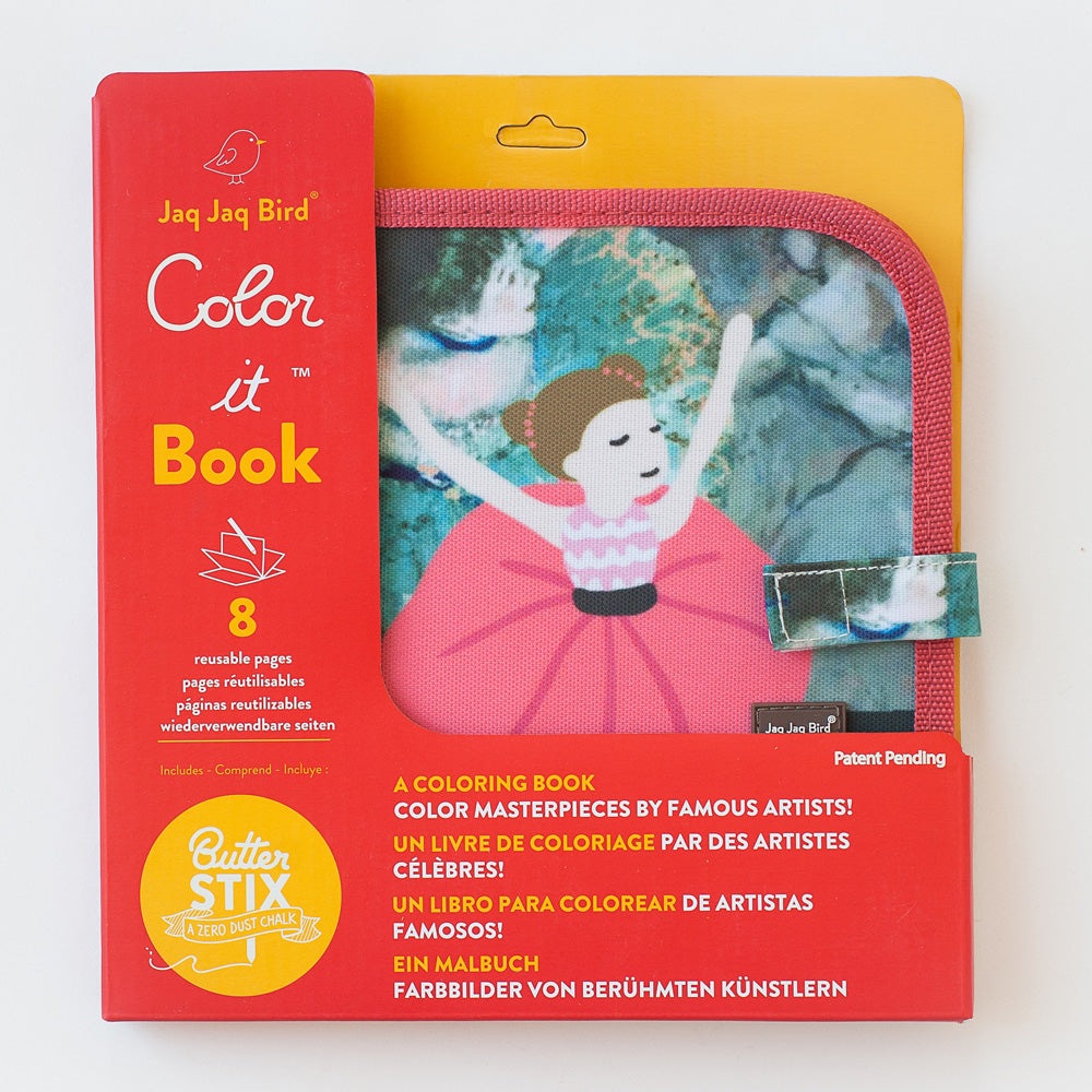 Jaq Jaq Bird Colour It Book in red packaging featuring a colorful ballerina; shows 8 reusable pages.