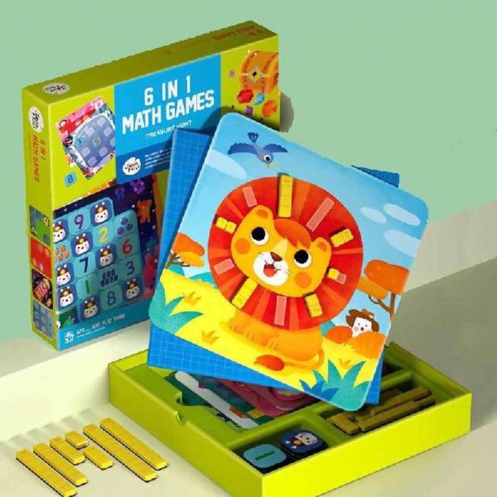 Jar Melo 6 in 1 Math Games toy set featuring a bright lion-themed activity board and colorful cards