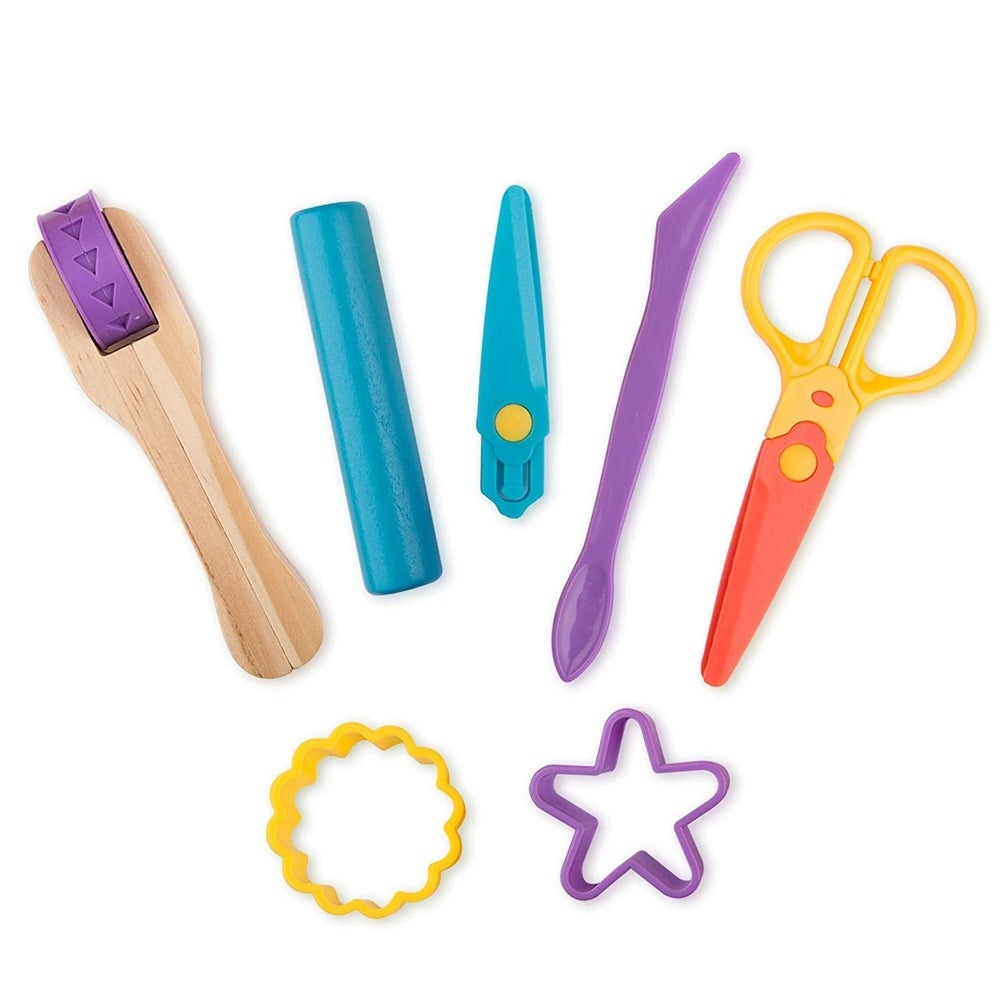 Jar Melo 7-piece modeling dough tools set with wooden and colorful plastic tools, including rollers and flower/star cutters.