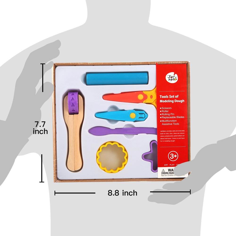 Jar Melo 7-piece modeling dough tools set with blue, purple, orange and yellow tools in a red box.