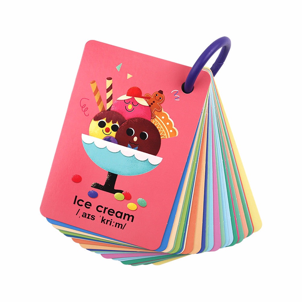 Jar Melo ABC Ring Flash Cards set; pink front card with ice cream sundae, multicolor pages, 26 cards