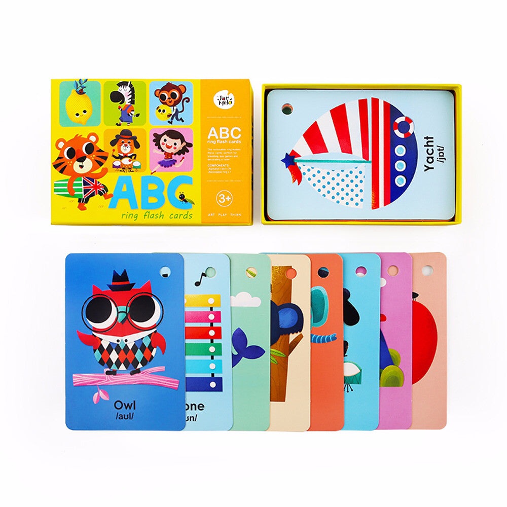 Jar Melo ABC Ring Flash Cards set of 12 colorful animal-themed cards in a yellow box