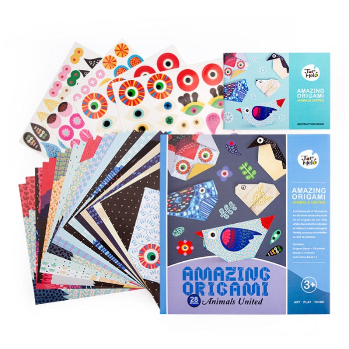 Jar Melo Amazing Origami Game Paper Animal United kit with 28 colorful origami sheets and instruction book