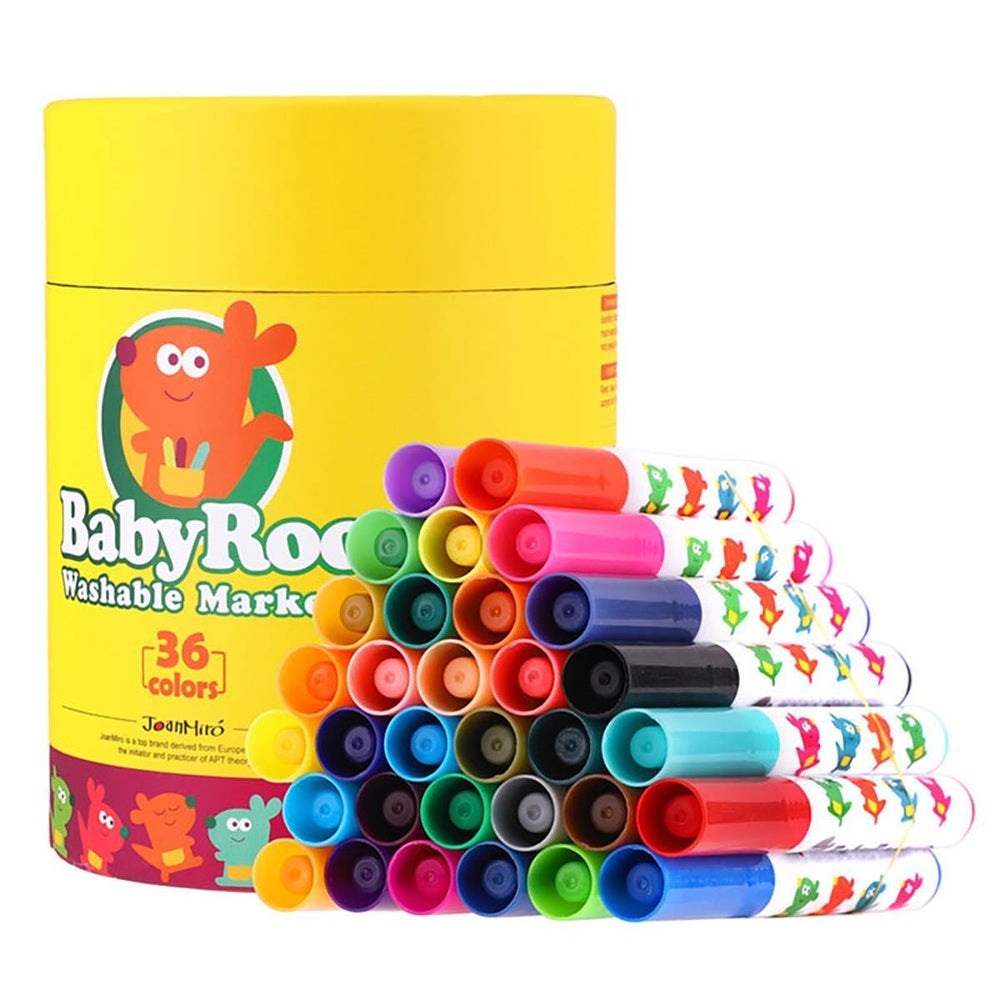Baby Roo washable markers by Jar Melo, 36 colors in a yellow storage jar