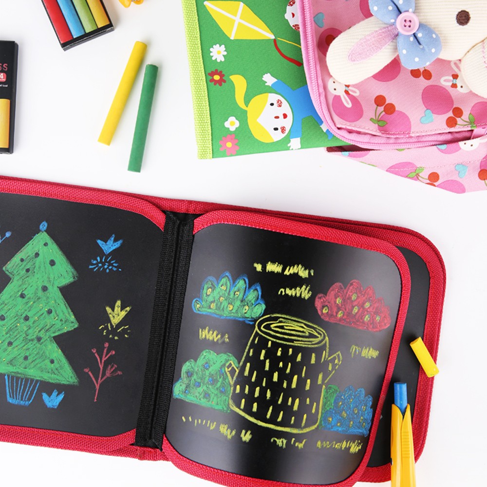 Jar Melo Chalk-A-Doodle Book in red zippered case with black drawing boards and colorful chalk drawings