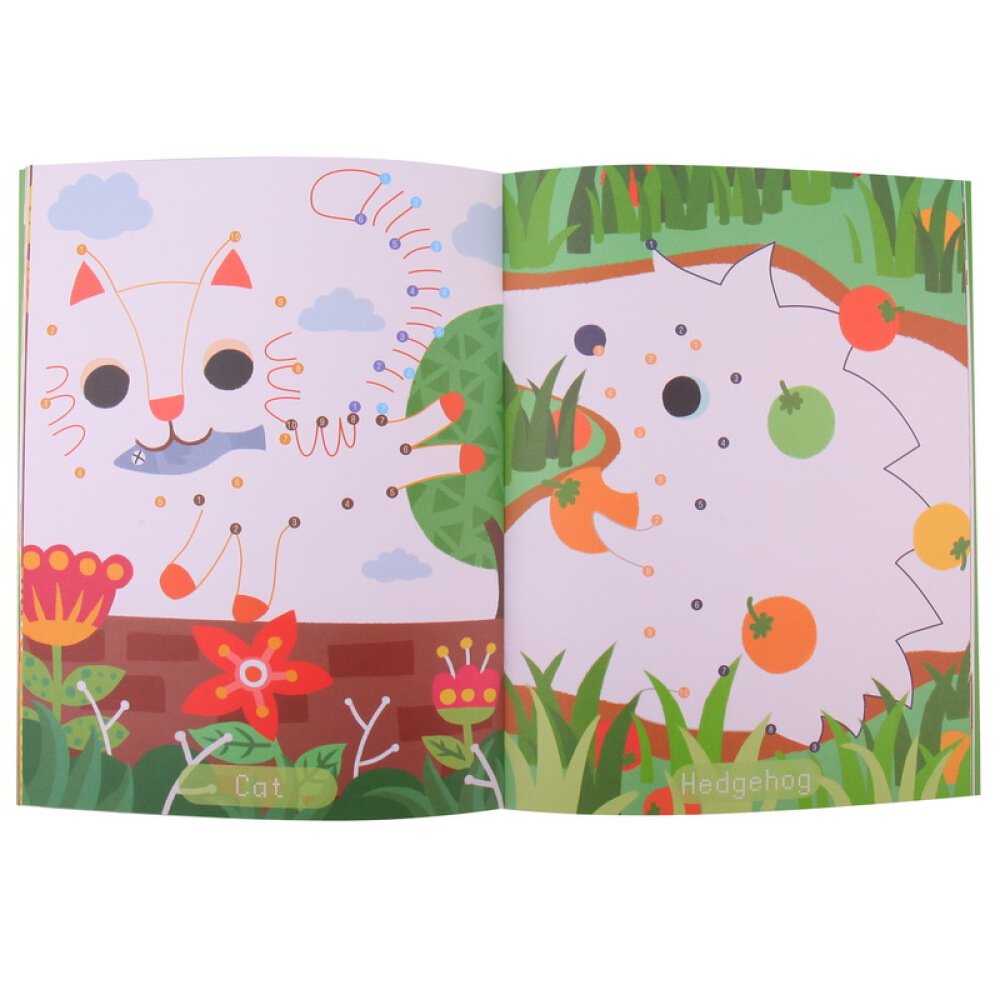Jar Melo dot-to-dot drawing book Adorable Animals open to a colorful garden with a cat and hedgehog
