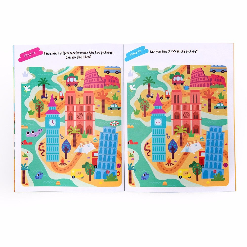 Jar Melo Dot-To-Dot Drawing Book for kids, dinosaur theme with colorful cityscape pages