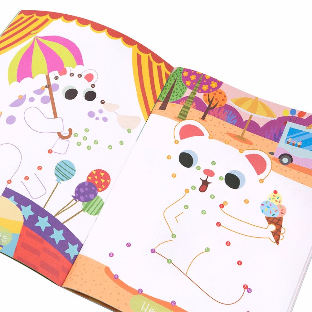 Jar Melo dot-to-dot drawing book page featuring a dinosaur with ice cream in a colorful party scene