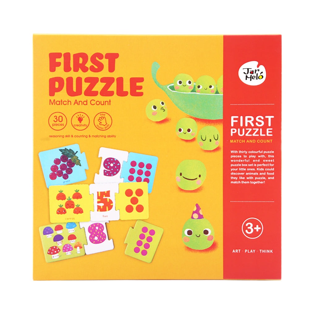 Jar Melo First Puzzle Match and Count box with 30 pieces for toddlers ages 3+, bright yellow with red panel.