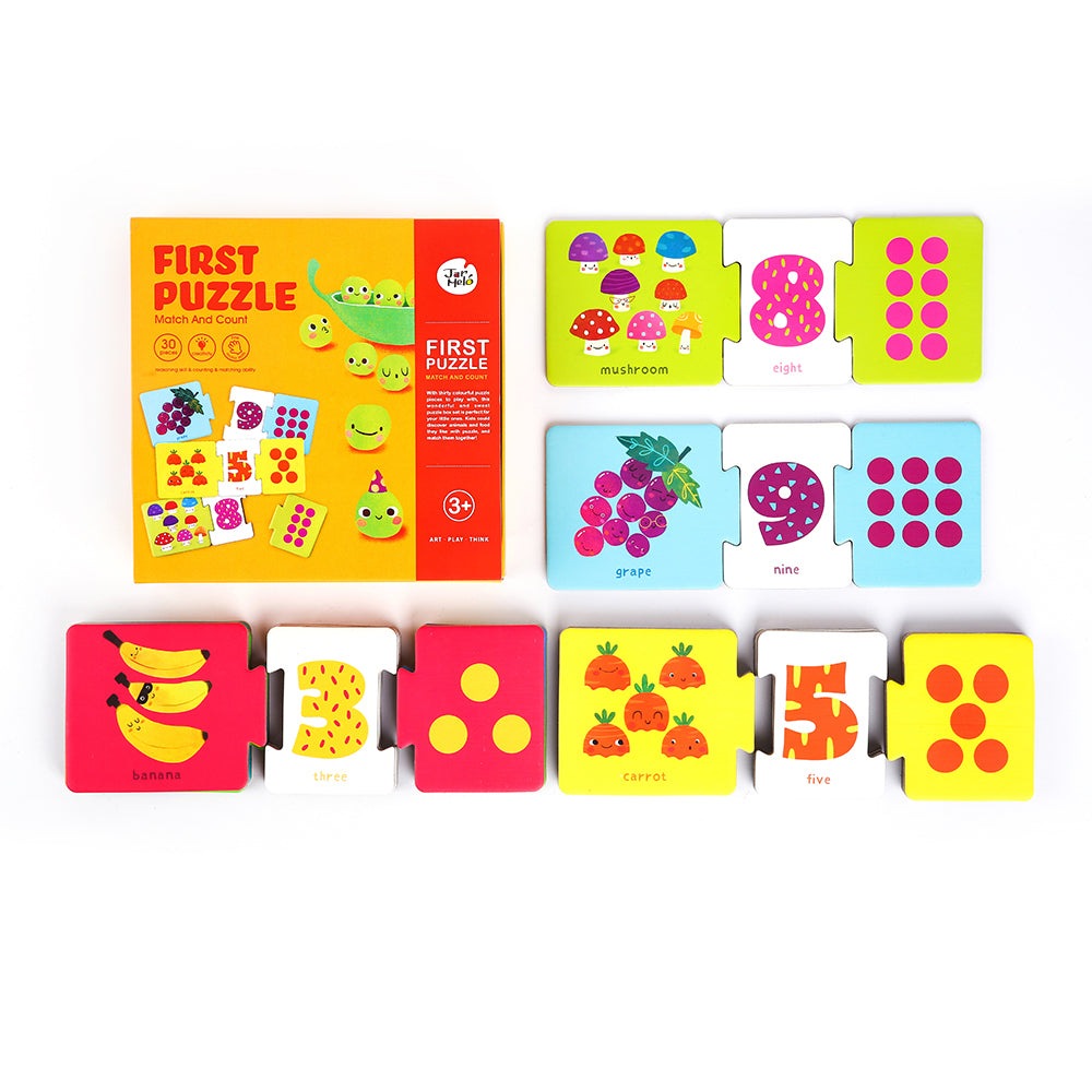 Jar Melo First Puzzle Match and Count 12-piece set of colorful fruit and number tiles by JAR MELO