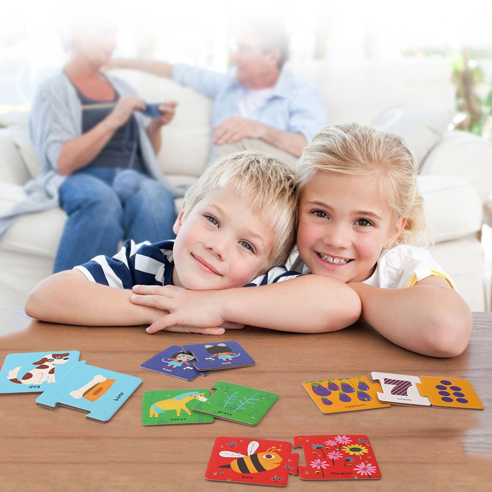 Jar Melo First Puzzle Match And Count toddler puzzle game with colorful animal cards on a table, two kids smiling