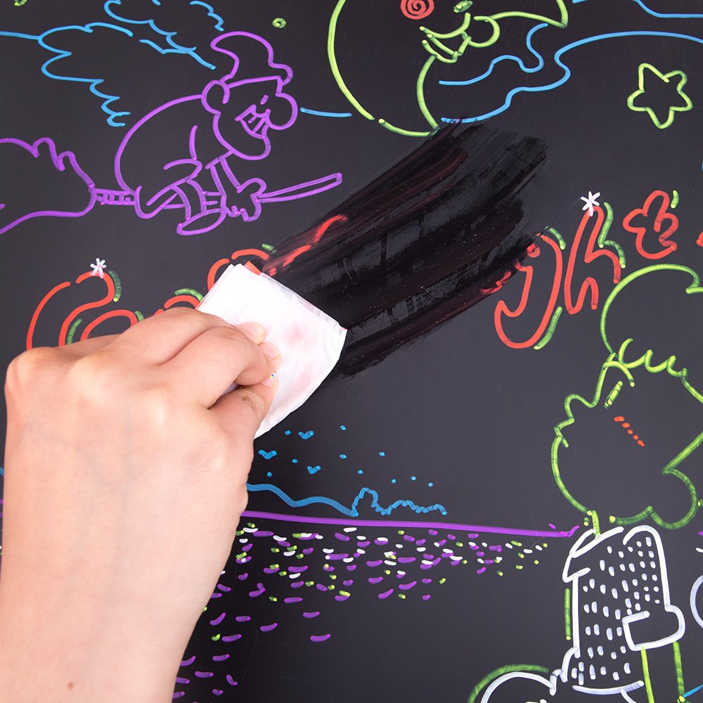 Jar Melo liquid chalk markers, 6 colors, drawing on a black chalkboard surface