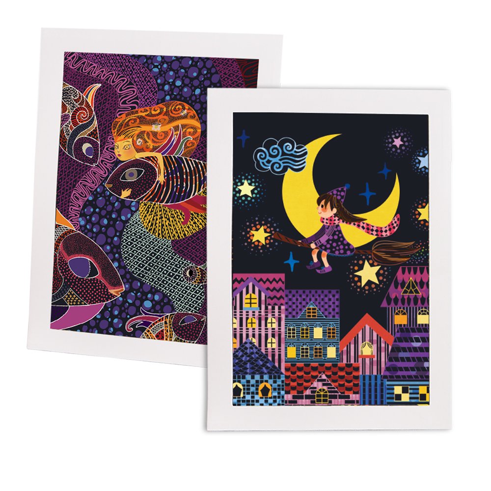 Jar Melo Scratch Cards Set Full Moon; two vibrant night-sky cards showing a girl on a broom over colorful houses