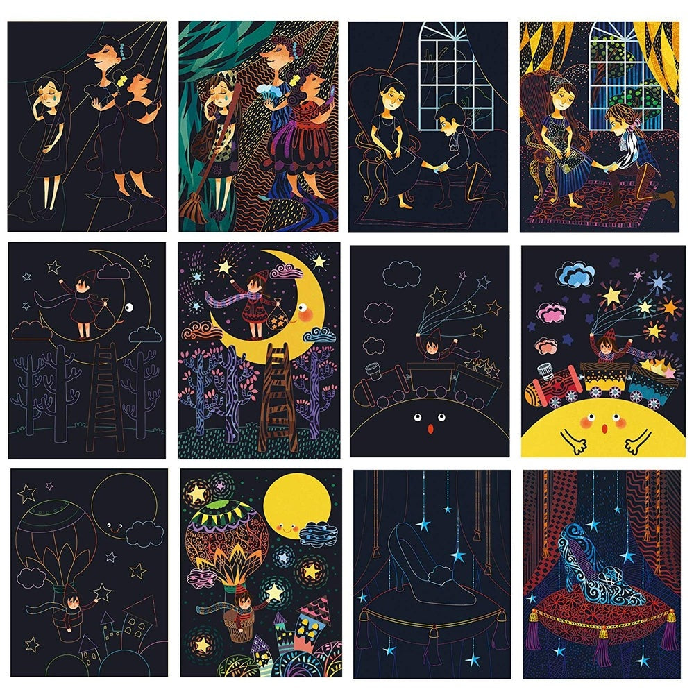 Jar Melo Scratch Cards Set Full Moon featuring 12 colorful night-sky illustrations on dark backgrounds
