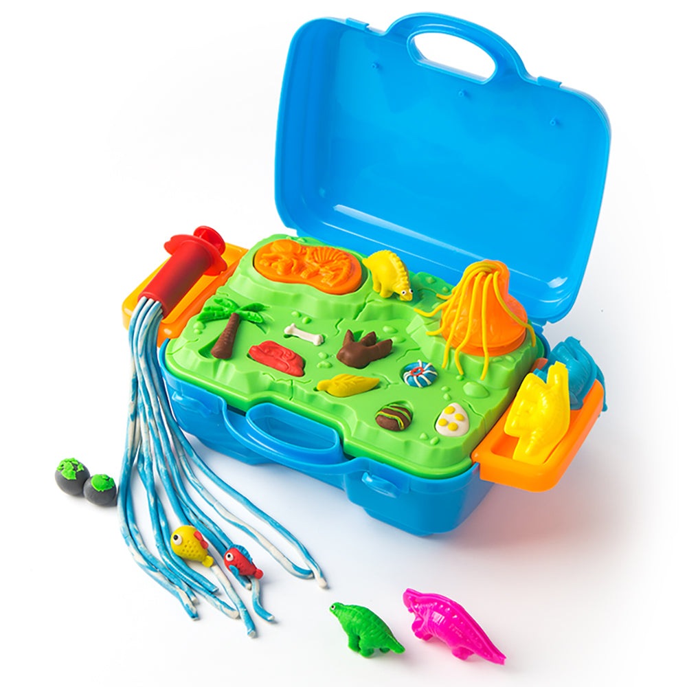 Jar Melo dinosaur play dough kit in blue case with molds and accessories