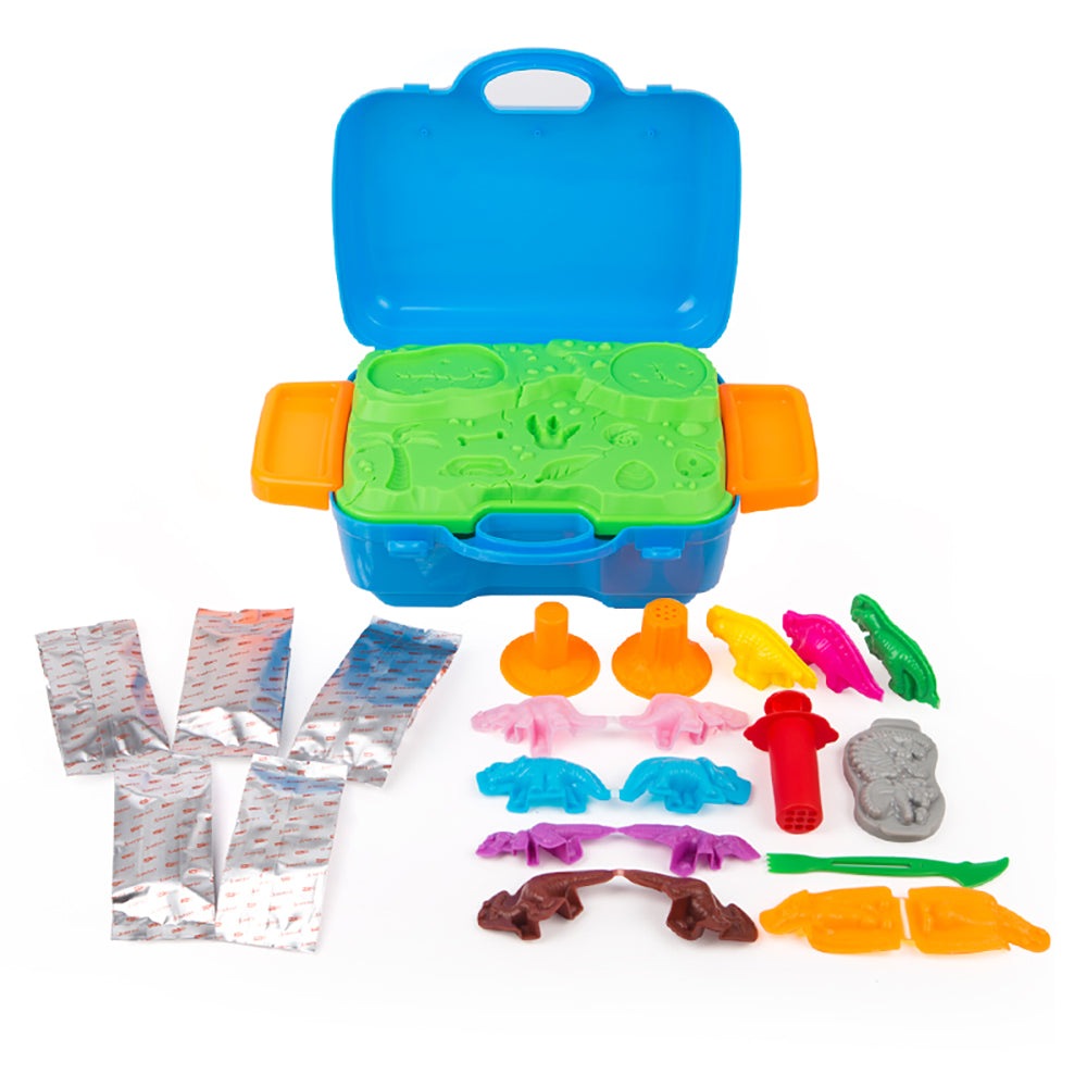Jar Melo Super Soft Modeling Dough Kit-Dinosaur Case in blue case with green mold and assorted colorful dinosaur pieces