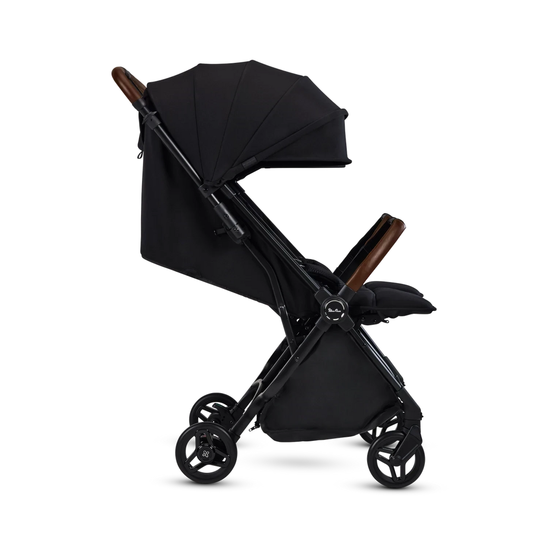 Silver Cross Jet Double Travel Stroller in Black — seat and hood side view
