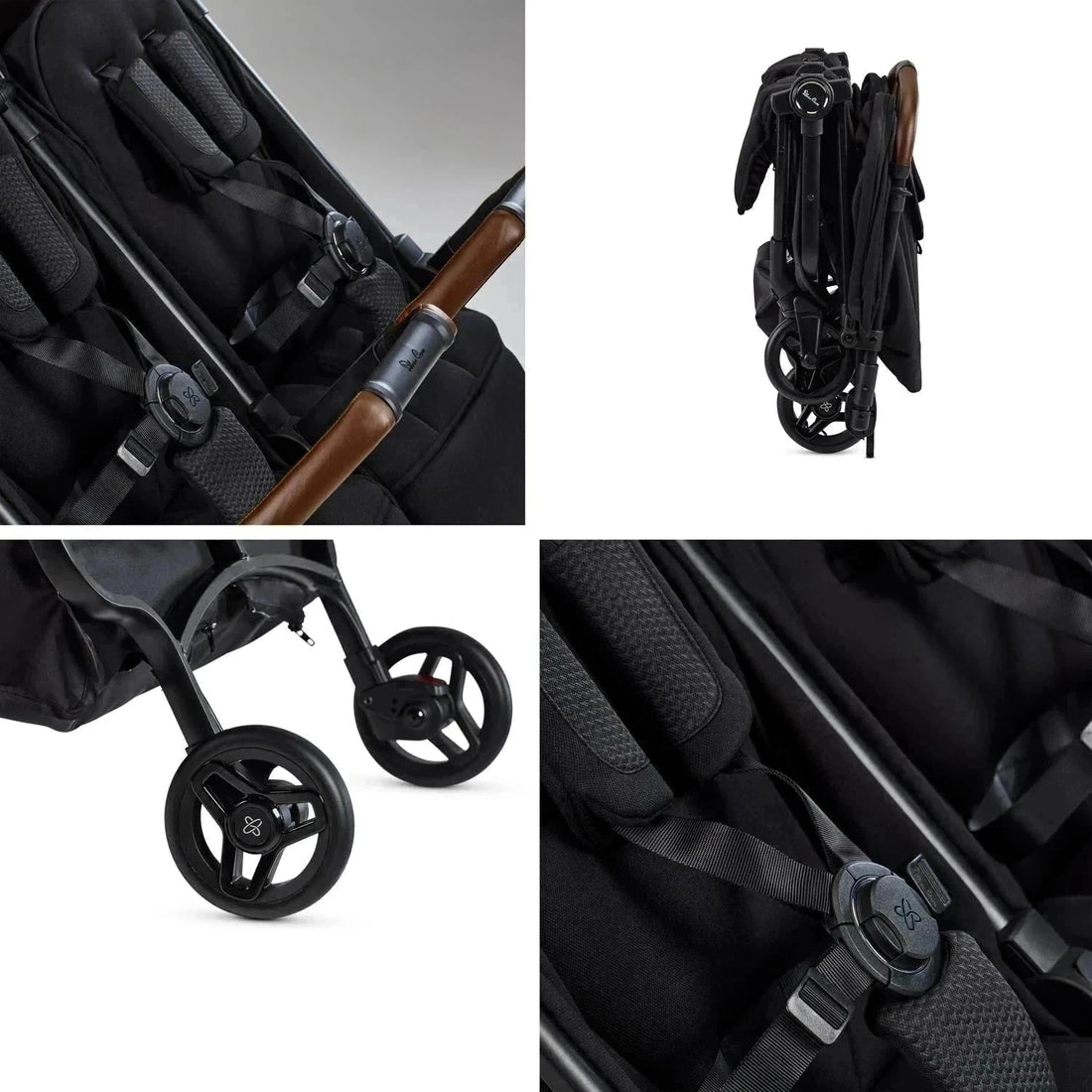 Silver Cross Jet Double Travel Stroller in Black — fold, wheel and harness details